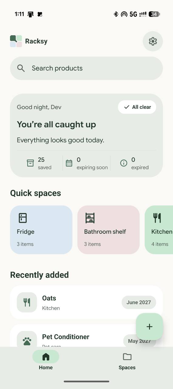 Racksy Home screen showing the calm all-clear state.